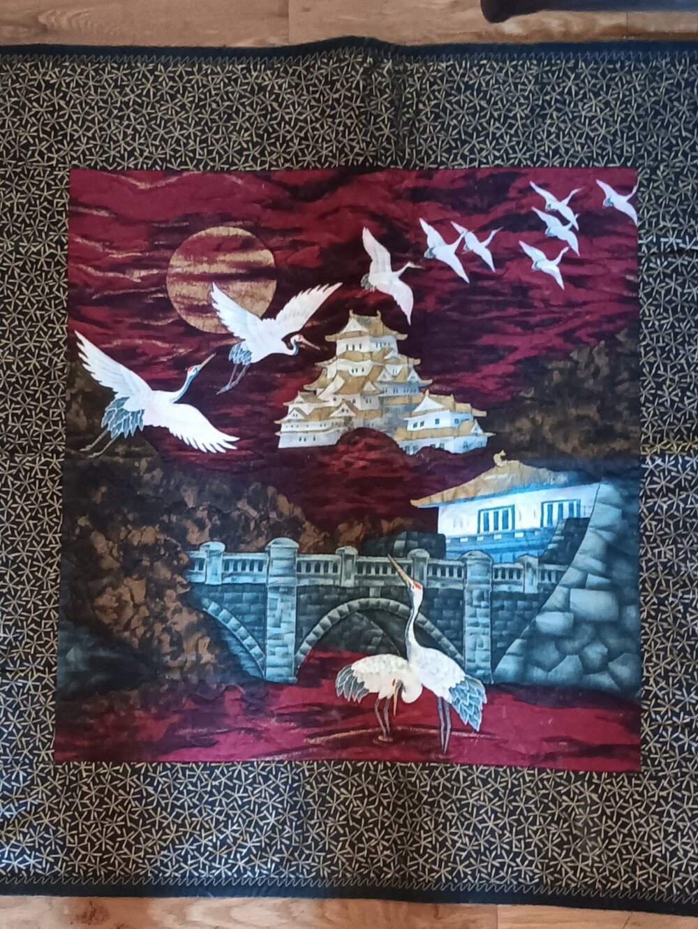 Wall hanging - Chinese Scene, Birds, Bridges, Small Temple 30" X 31"